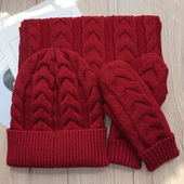 歌诺达女士新品 冬季 保暖三件套围巾帽子手套加绒加厚毛线针织可爱