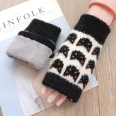歌诺达秋冬女士半指加绒手套猫咪提花毛线加厚保暖露指触屏写字
