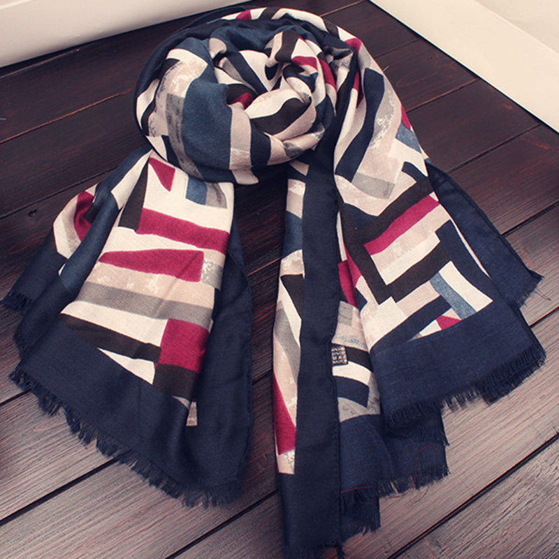 GENODA歌诺达春秋女韩版加宽围巾几何印花流苏旅行出游披肩丝巾