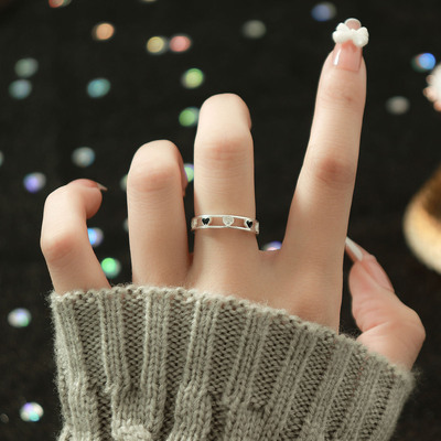 S999纯银足银戒指韩国镂空爱心女锆石开口可调节指环INS时尚食指