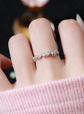 S999纯银足银戒指璀璨星河星星镶钻戒指冷淡风四芒星网红开口指环