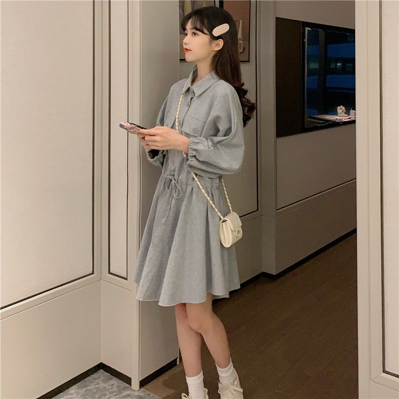 2026新款春款领长袖连衣裙女秋季抽绳收腰显瘦小个子A字裙子