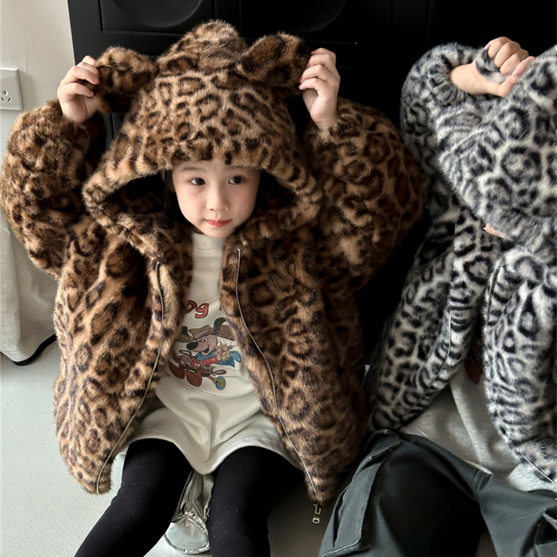 加厚豹纹拉链棉服连帽熊耳朵上衣