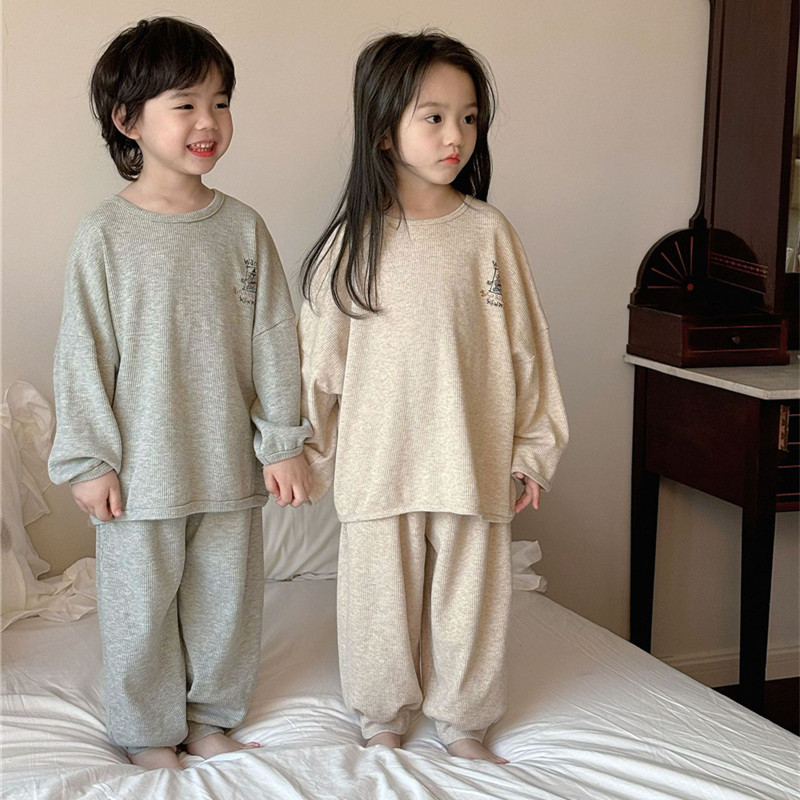 milo7c-自制 春夏儿童简约华夫格家居服套装休闲宽松宝宝卡通睡衣