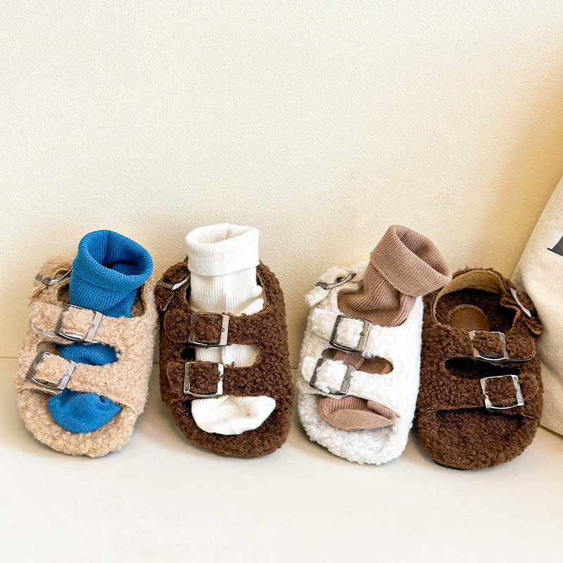 Milo7c-自制 儿童毛鞋秋冬男女童毛软木凉鞋韩版宝宝加绒毛拖鞋