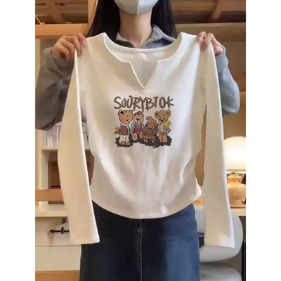 白色纯棉小v领长袖t恤女2025新款秋冬季德绒内搭打底衫上衣可外穿