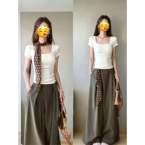 2026新款夏季白色U领短袖t恤女士高级不撞款修身炸街独特漂亮上衣