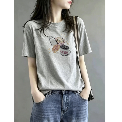 2026新款灰色设计感纯欲纯棉上衣女装夏季大码胖mm巨好看短袖t恤