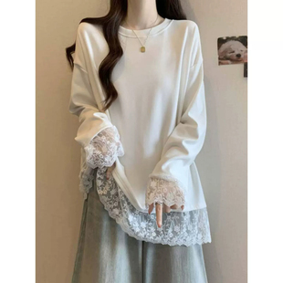 秋冬加绒蕾丝花边下摆内搭打底衫女中长款长袖t恤上衣遮屁股洋气