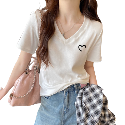 白色v领纯棉短袖t恤女2025年新款