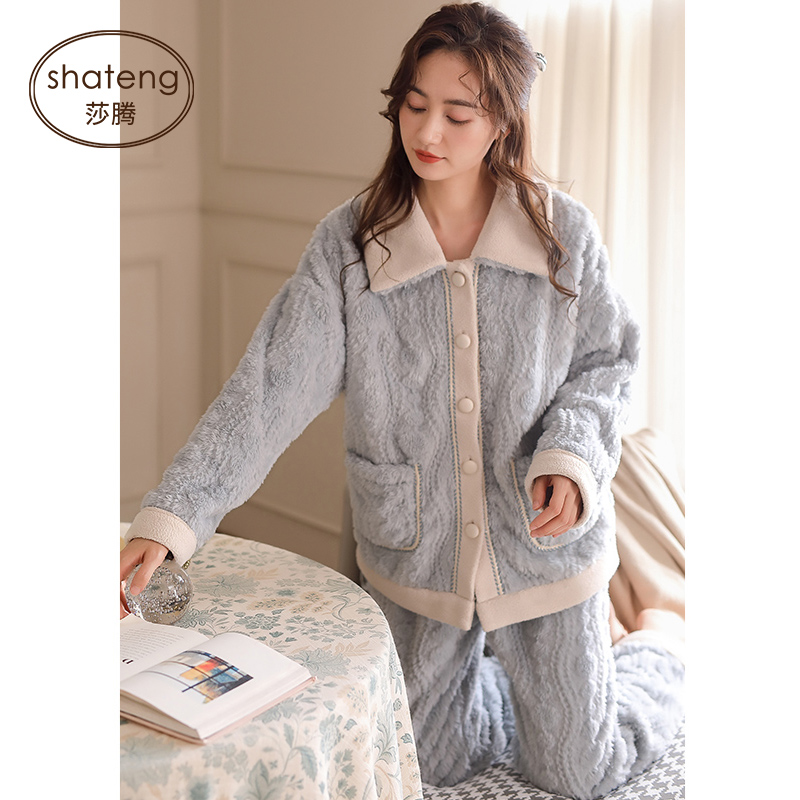 加厚开衫睡衣女珊瑚绒家居服套装