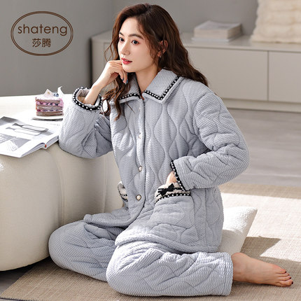 三层加厚珊瑚绒夹棉袄睡衣女加绒加棉开衫宽松家居服套装大码冬季