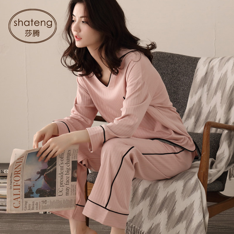 3睡衣女士春秋季长袖长裤纯棉薄款v领全棉可出门休闲家居服套装夏