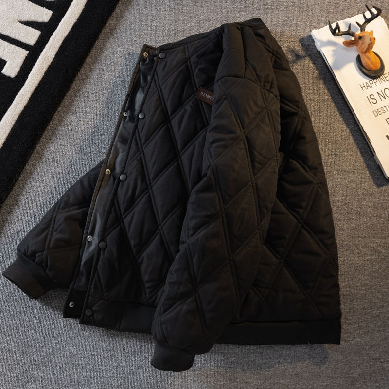 菱形格棉衣男潮帅气情侣棒球棉服