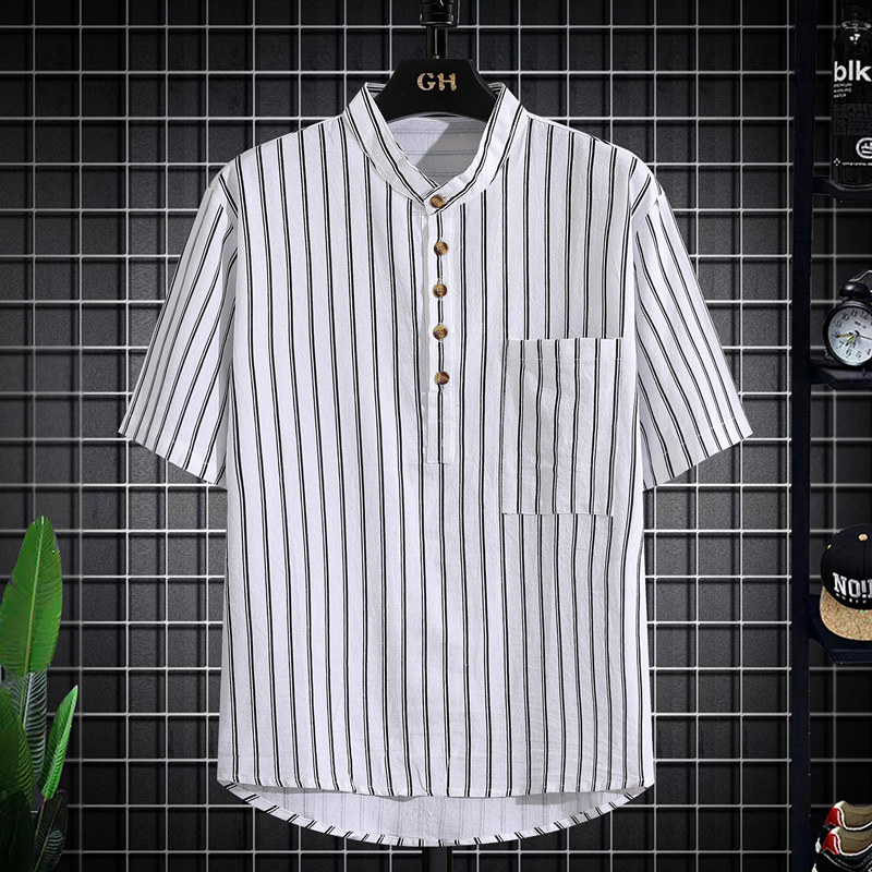 日系条纹短袖衬衫男夏季宽松薄款立领套头衬衣高级感潮流帅气寸衣