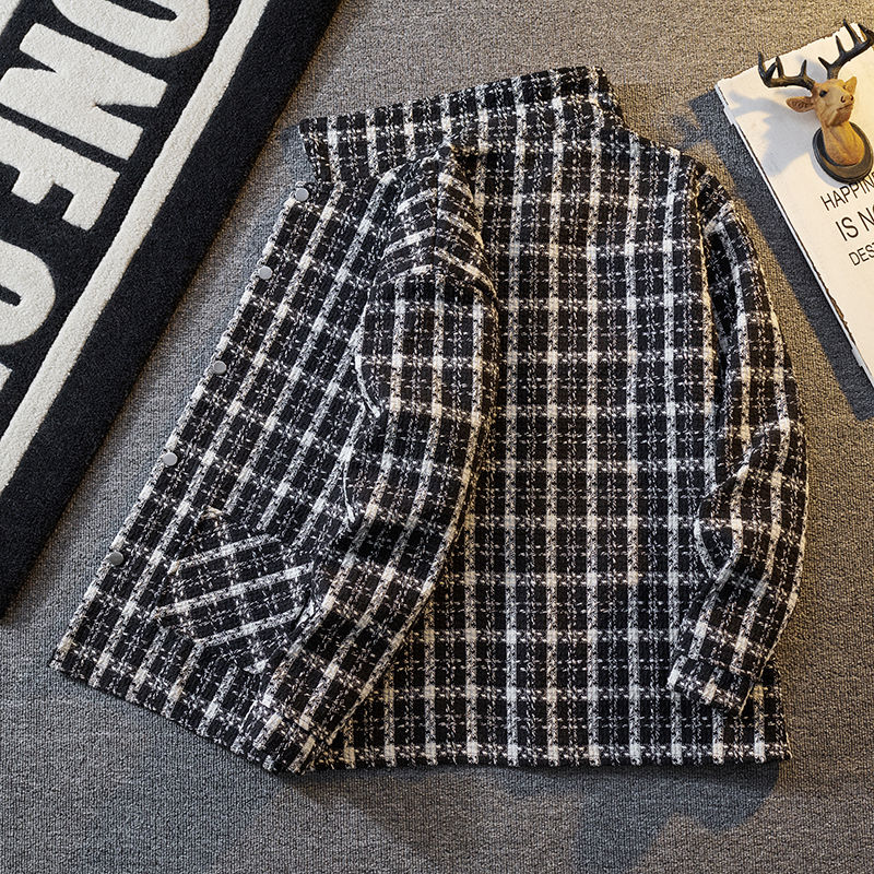 小香风格子衬衫外套男款毛呢夹克