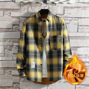 加绒格子长袖衬衫男款潮牌冬季韩版帅气衬衣外套潮流休闲保暖寸衫
