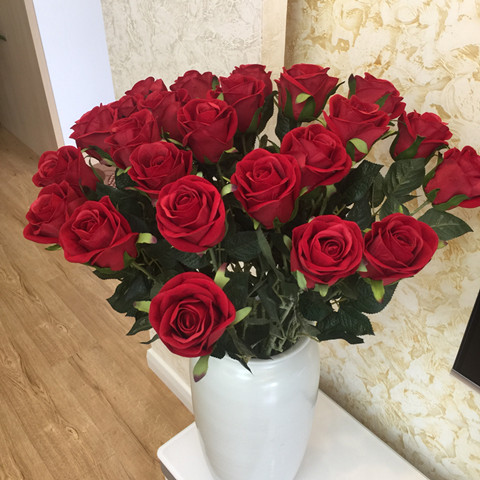 大红色玫瑰花 假花单支婚房绒布绢花室内装饰桌面客厅 高级仿真花