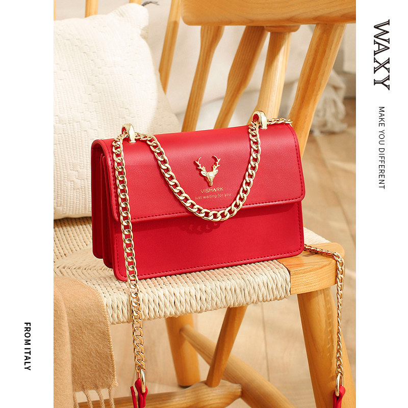 WAXY2021新款欧时力女包单肩斜挎包鹿头小众链条包洋气小方包