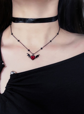欧美饰品黑色蝙蝠串珠亮面皮革项链万圣节小恶魔choker双层锁骨链