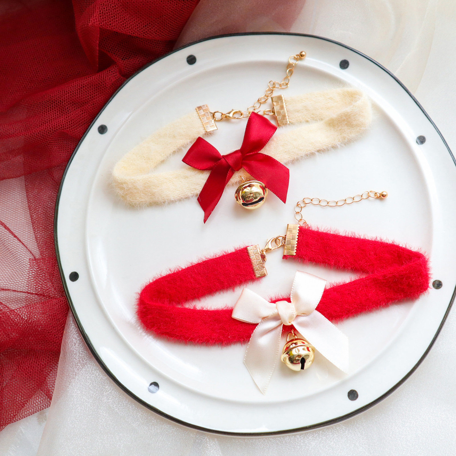 圣诞饰品毛绒项圈choker项链毛茸茸配饰铃铛颈链蝴蝶结锁骨链