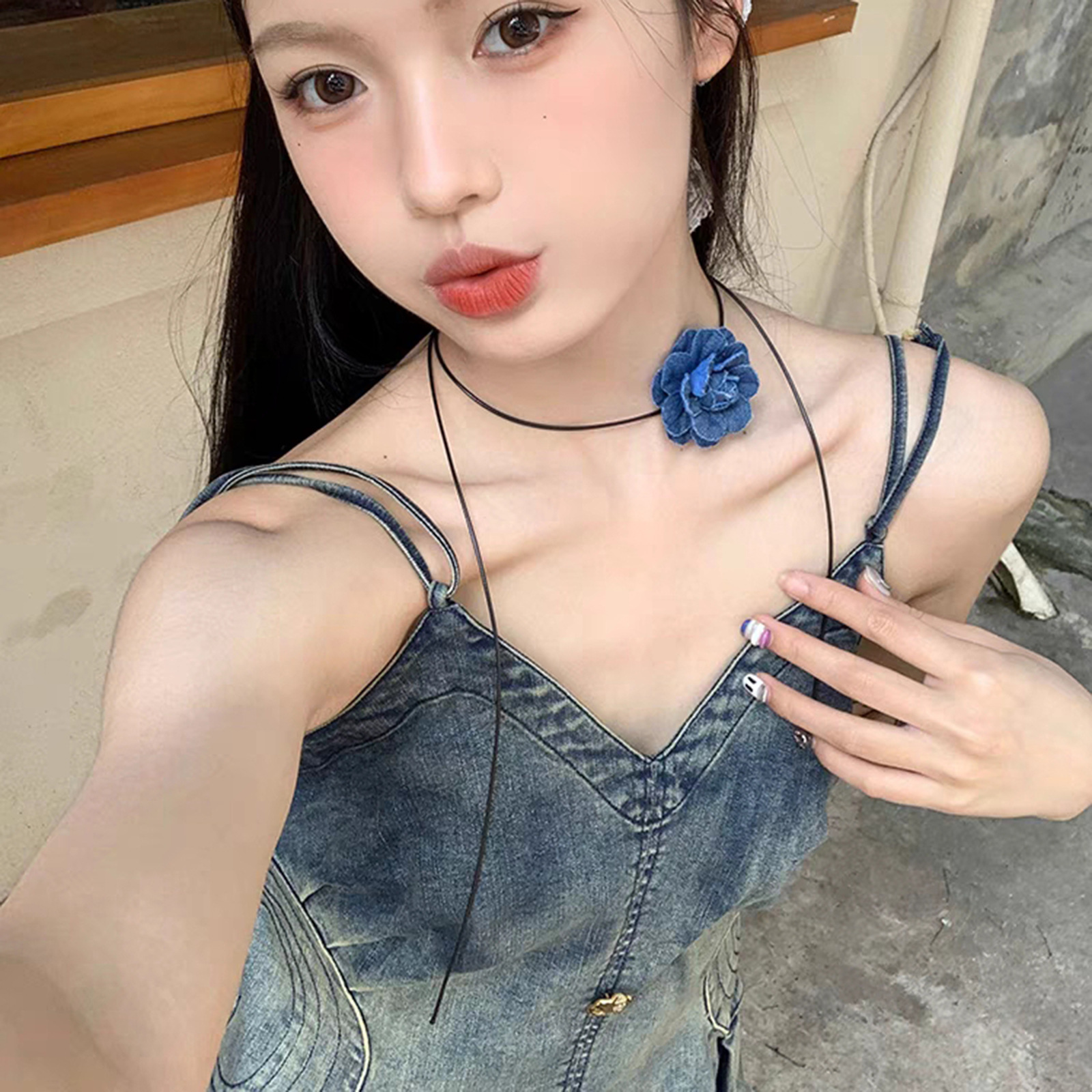 气质绑带项链女牛仔花朵颈链蝴蝶结系带Choker项圈街头风锁骨链