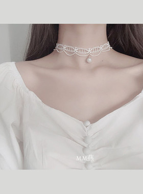 轻奢蕾丝珍珠choker白色气质甜美韩国超仙短款锁骨链项链颈链项圈