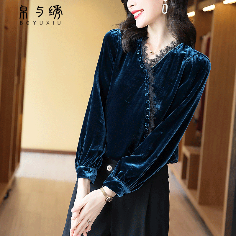 真丝金丝绒打底衬衫女2021秋冬新款高端蕾丝V领宽松桑蚕丝上衣女