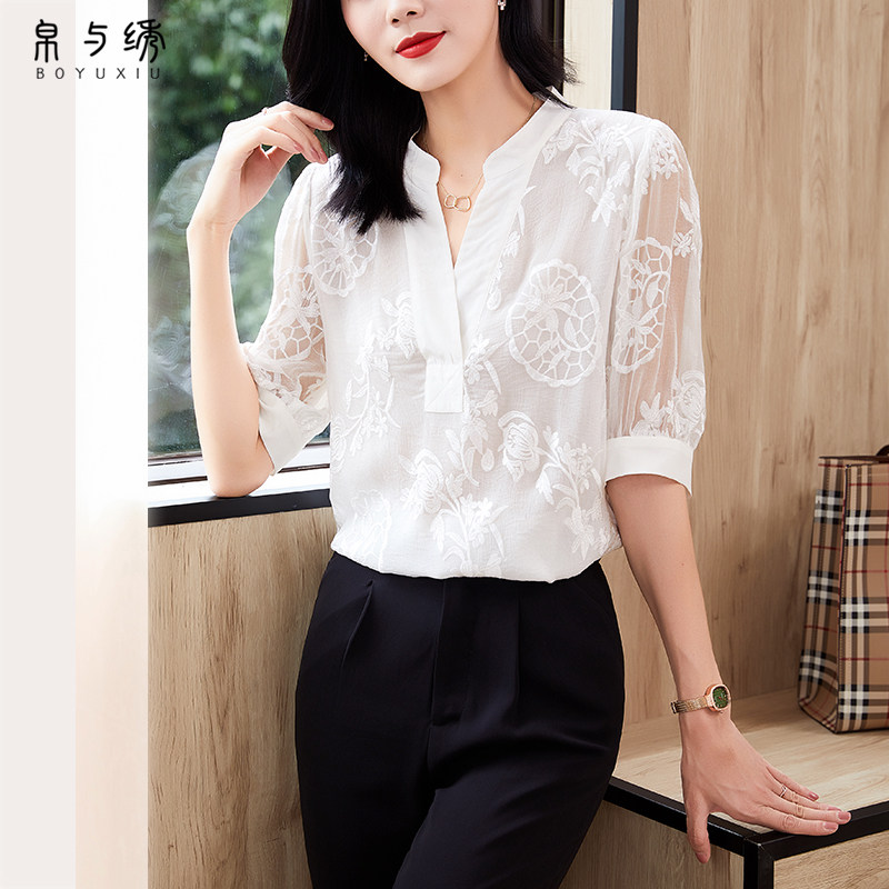 白色真丝衬衫女短袖2023夏季新款刺绣桑蚕丝衬衣高端大牌蕾丝上衣