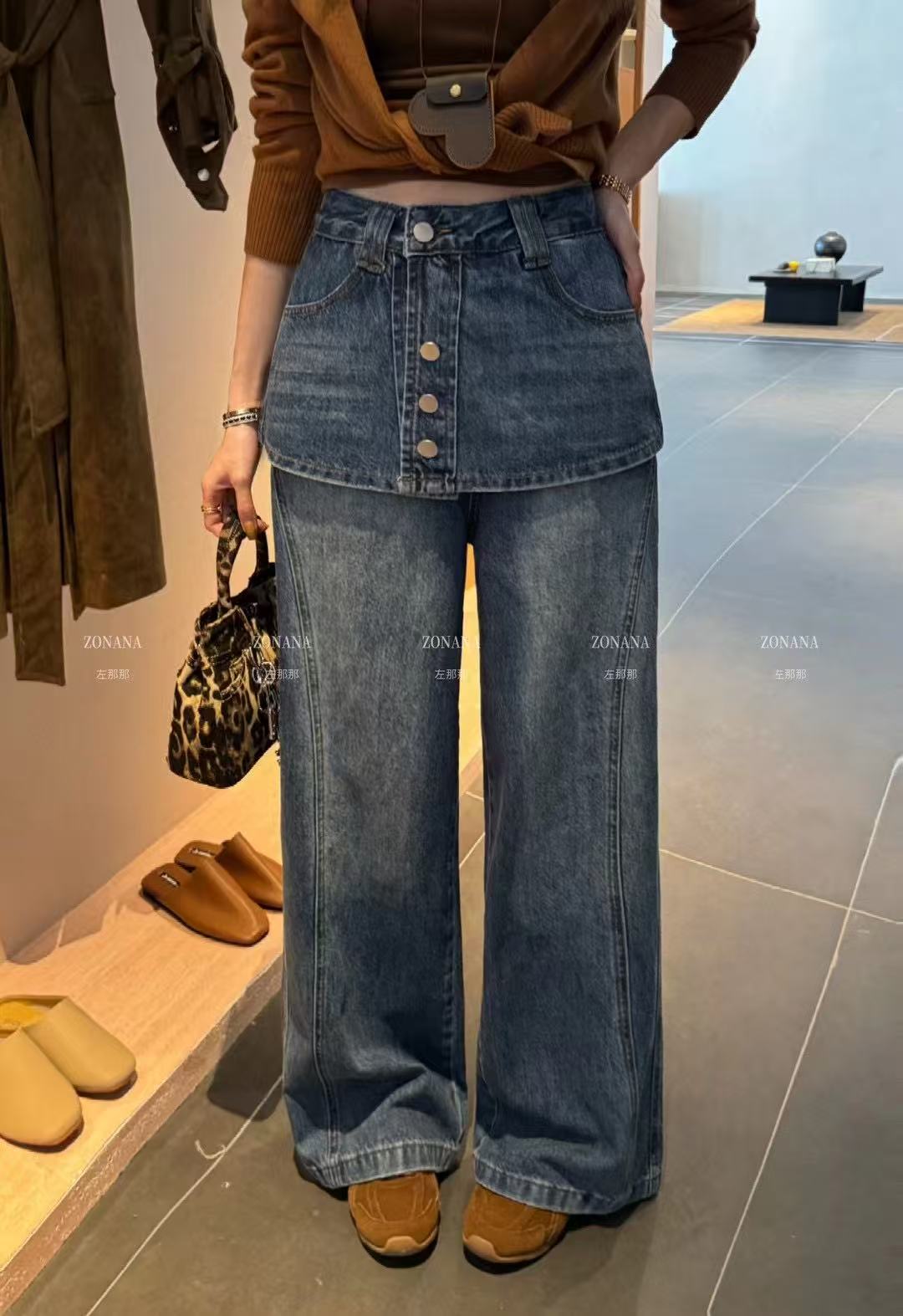 ZONANA左那那设计感假两件屁帘牛仔裤女2025秋高腰显瘦百搭阔腿裤