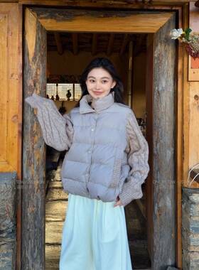 ONE BY TOW韩系立领针织拼接羽绒服女2026冬款90白鸭绒假两件外套