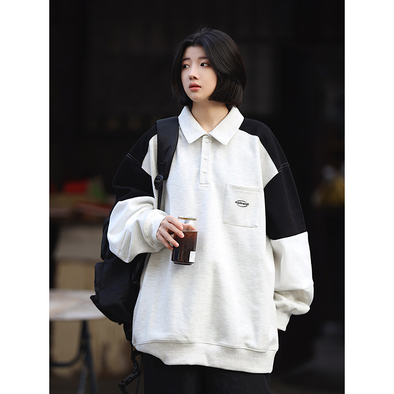 日系polo衫卫衣男拼接慵懒运动oversize上衣外套情侣装