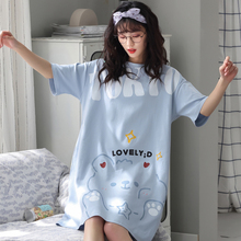 短袖 纯棉女睡裙夏季 韩版 可爱中长款 可外穿睡衣女夏全棉家居服 薄款