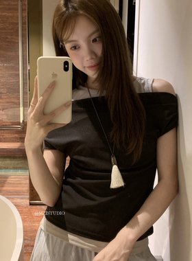 MZI STUDIO-国网感假两件露肩拼色收腰显瘦气质小女人小衫13323#