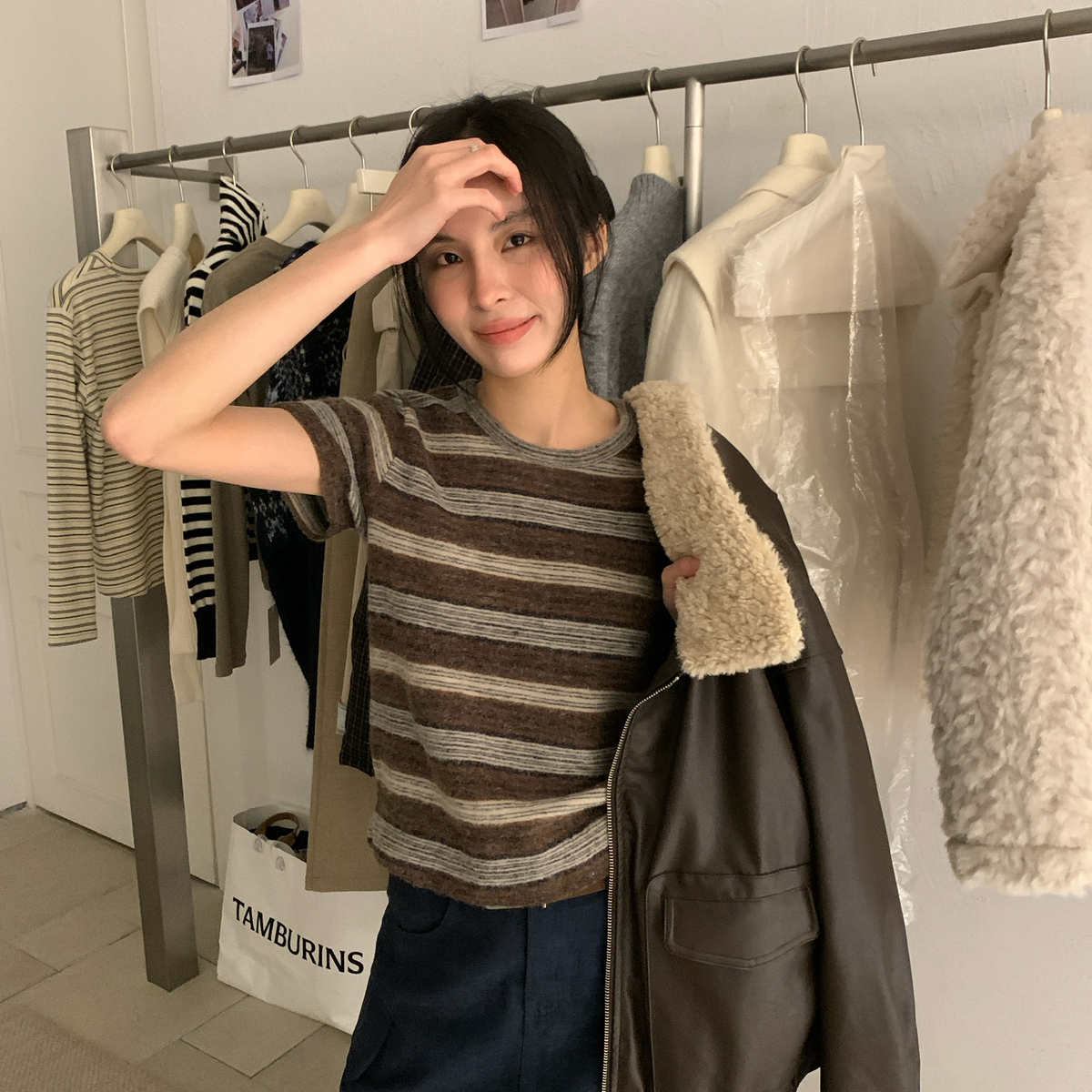 KITTIN-韩标Avocado｜复古条纹绒感加厚短袖T恤A3607