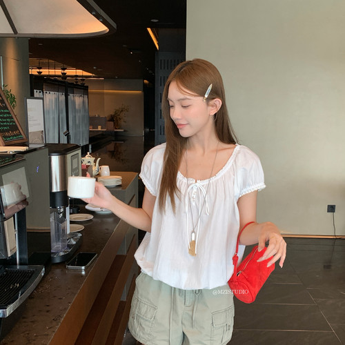 MZI STUDIO-花边系带收腰圆领甜美气质温柔小衫(含68棉料)157791#