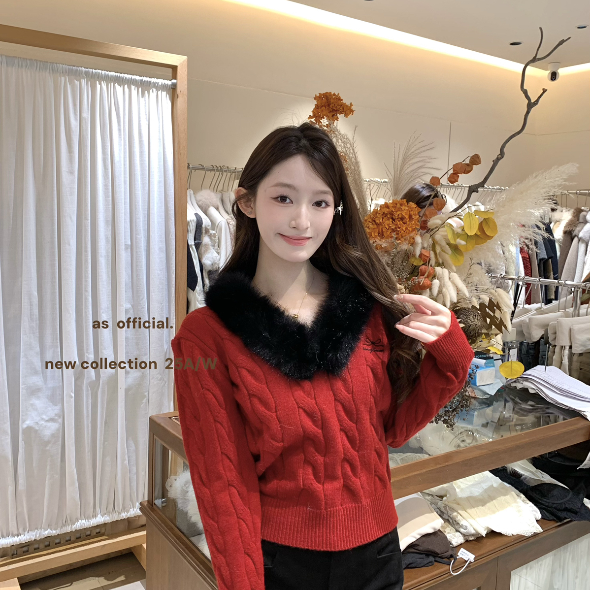 AS OFFICIAL-韩剧女主毛绒v领针织保暖毛衣(环保毛领不可拆)80651