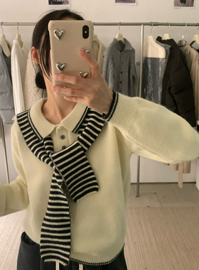 KITTIN-WoolBlend｜韩系学院风软糯绒感Polo领毛衣(配披肩)G1938