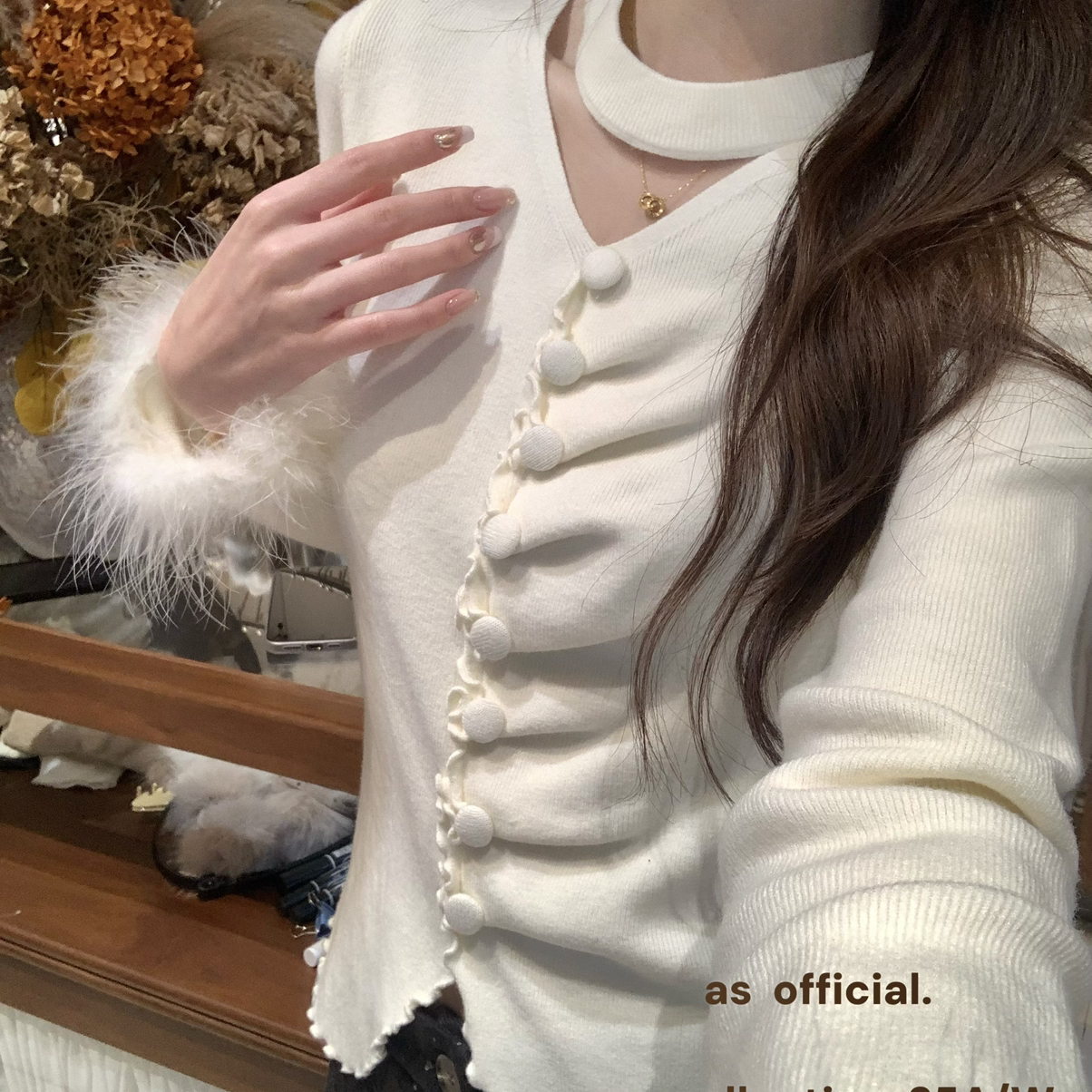 AS OFFICIAL-氛围感立显小蛮腰·毛毛袖飘带抽褶小衫针织衫15206