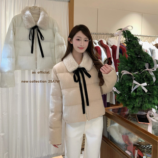 乖乖女丝绒蝴蝶结系带毛毛翻领保暖羽绒服外套26039 OFFICIAL