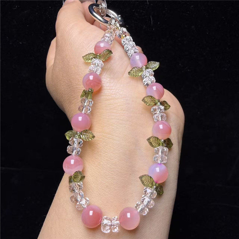 天然盐源玛瑙手机链樱桃寿桃花朵水晶珠手机链钥匙扣生日礼物挂件