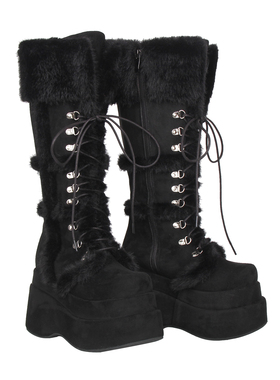 2025新品朋克PUNK靴 圆头毛毛边 厚底松糕底拉链高筒靴M526