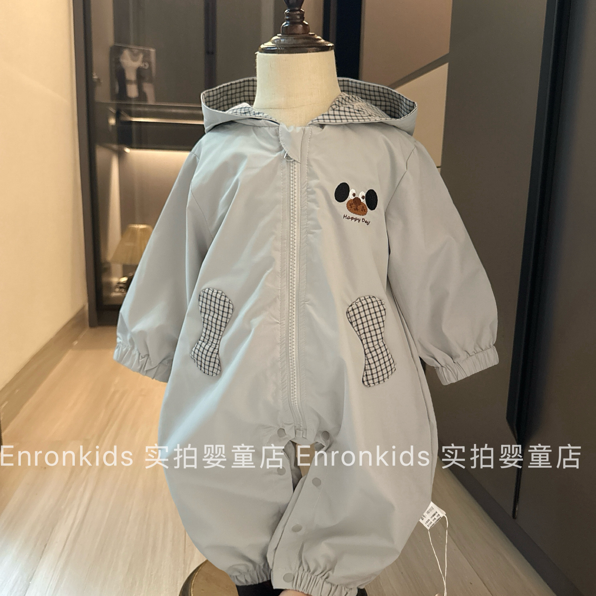 韩系婴儿连体衣可爱小狗造型爬服男女宝宝外出服春秋双层连帽哈衣