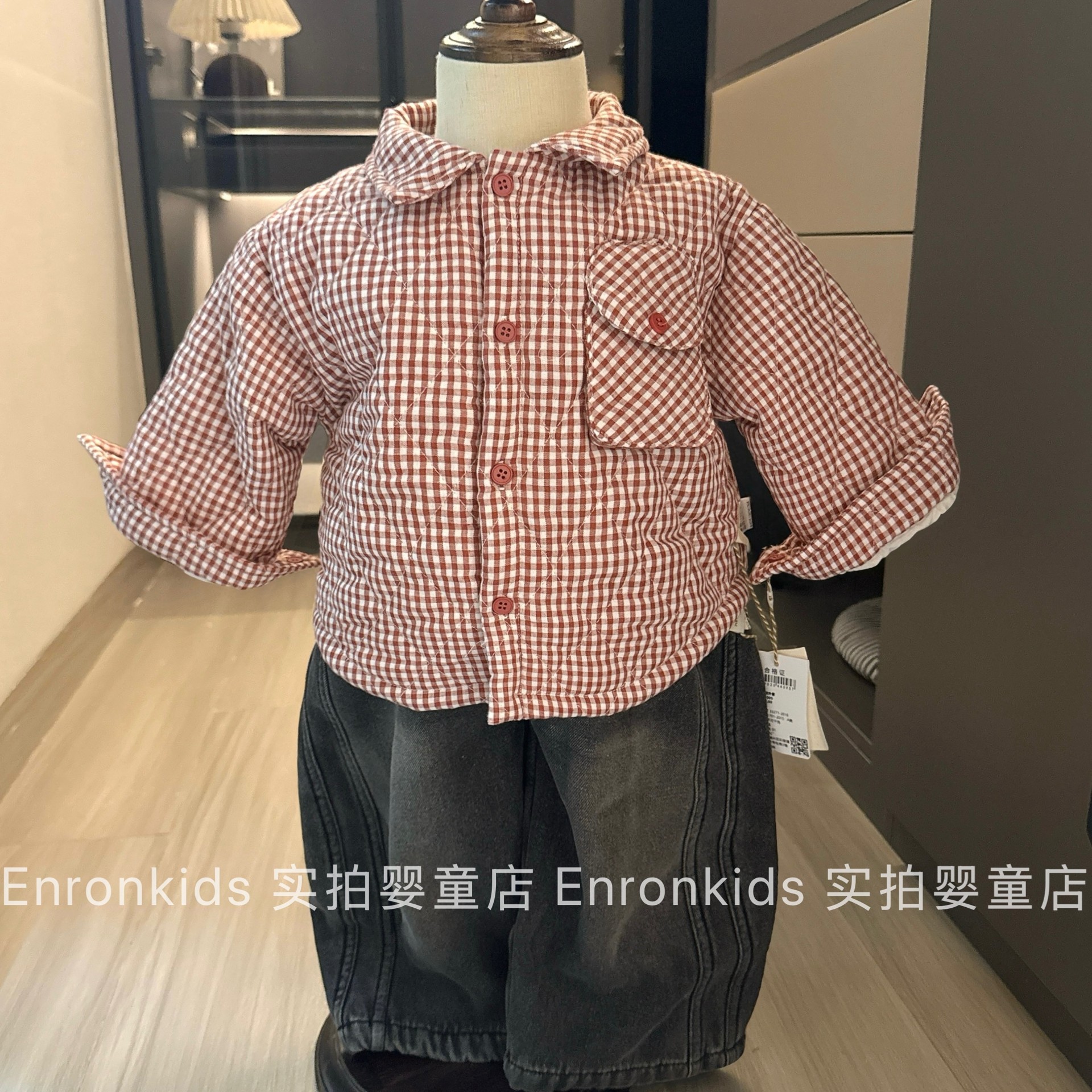韩版小童格子棉衣外套纯棉衬衫宝宝加绒牛仔裤潮酷时尚1-2岁男孩