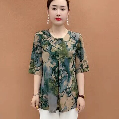 200斤加大妈妈夏季圆领印花短袖上衣气质大码妈妈装减龄薄款小衫