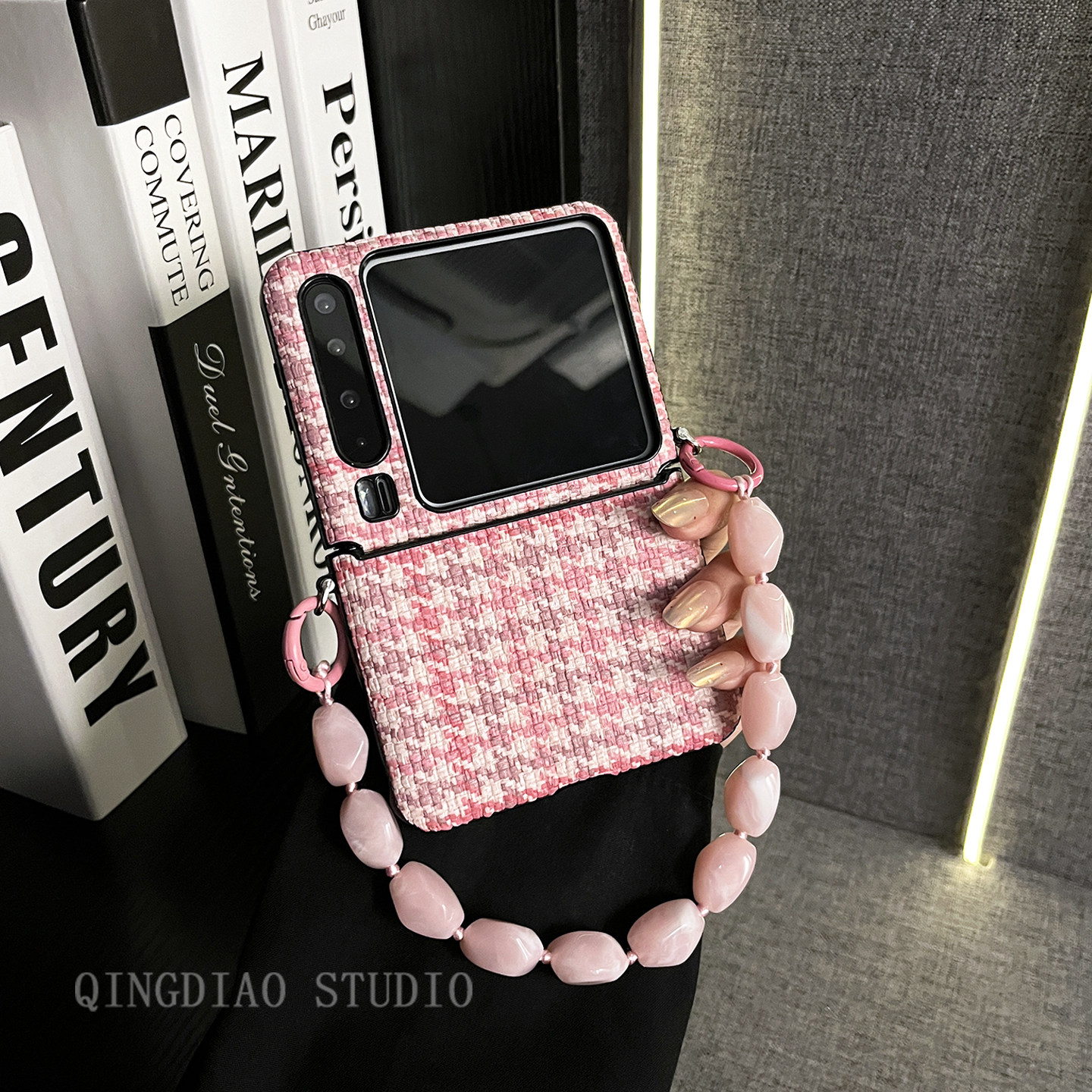 轻调 小众日韩粉色千鸟格石头纹手提链适用于华为Pura X手机壳全包新款purax典藏版折叠屏p50宝盒翻盖防摔套