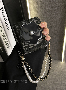 轻调 ins风黑色贝壳纹花朵支架手提链适用于荣耀MagicVFlip2手机壳新款Magic折叠屏V FLIP防摔肤感翻盖保护套