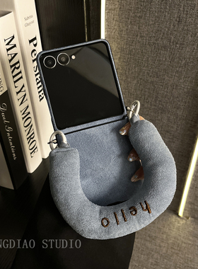 轻调 高级日韩蓝色牛仔纹hello手提腕带适用于三星zflip7/6/5/4/GalaxyW25Flip手机壳新款折叠屏翻盖防摔外壳