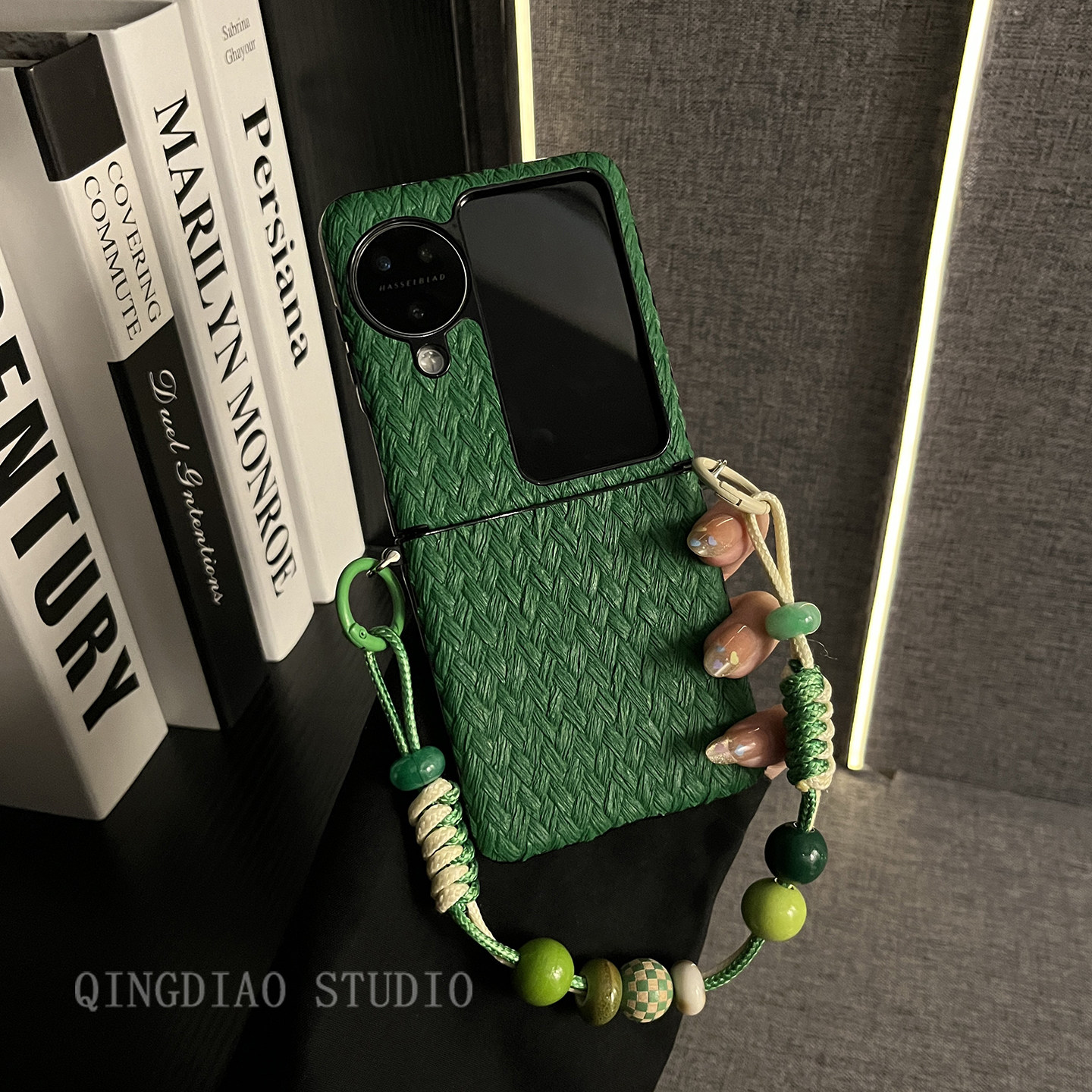 轻调 韩风草席纹墨绿蜡绳格纹珠手链适用于oppo findn3/