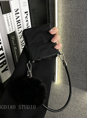 轻调 高级阿尔卑斯纹黑色毛球皮质手提绳适用于荣耀MagicVFlip2手机壳新款Magic折叠屏V FLIP防摔翻盖保护套